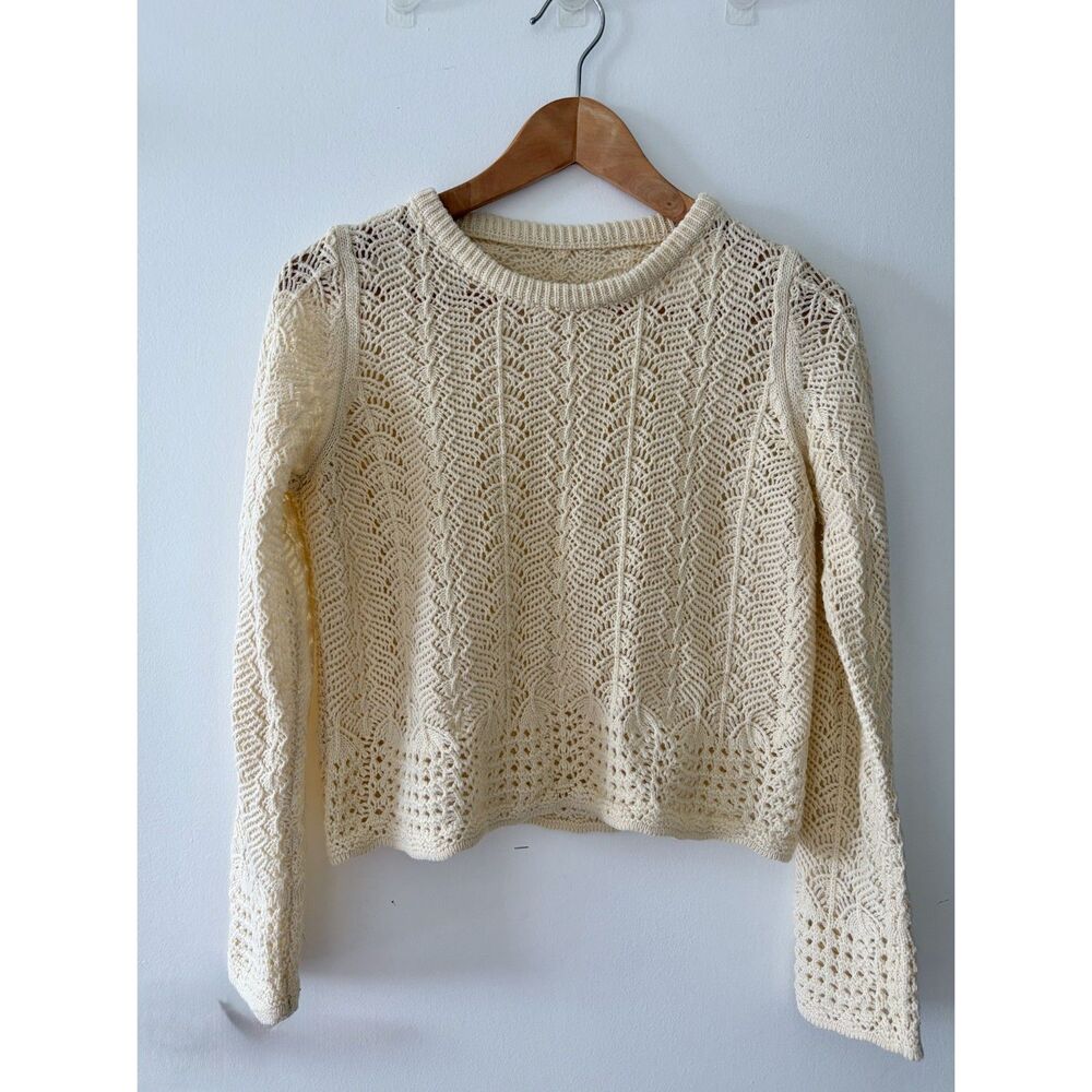 COMMENSE Cream Ivory Pointelle Open Knit Crochet Crewneck Sweater Womens Small